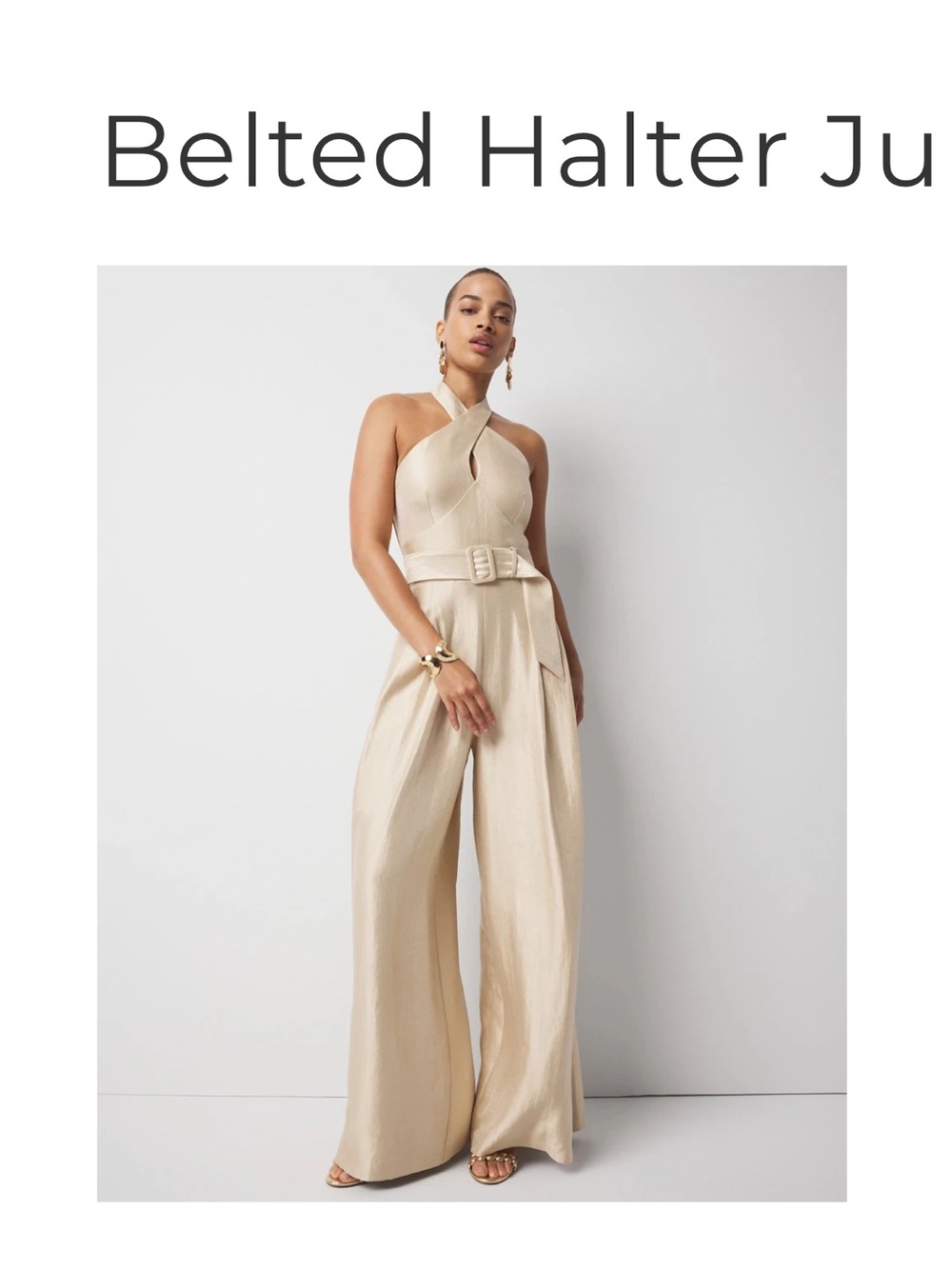 White House Black Market Metallic Champagne Halter Belted Wide-Leg Jumpsuit - Picture 1 of 1